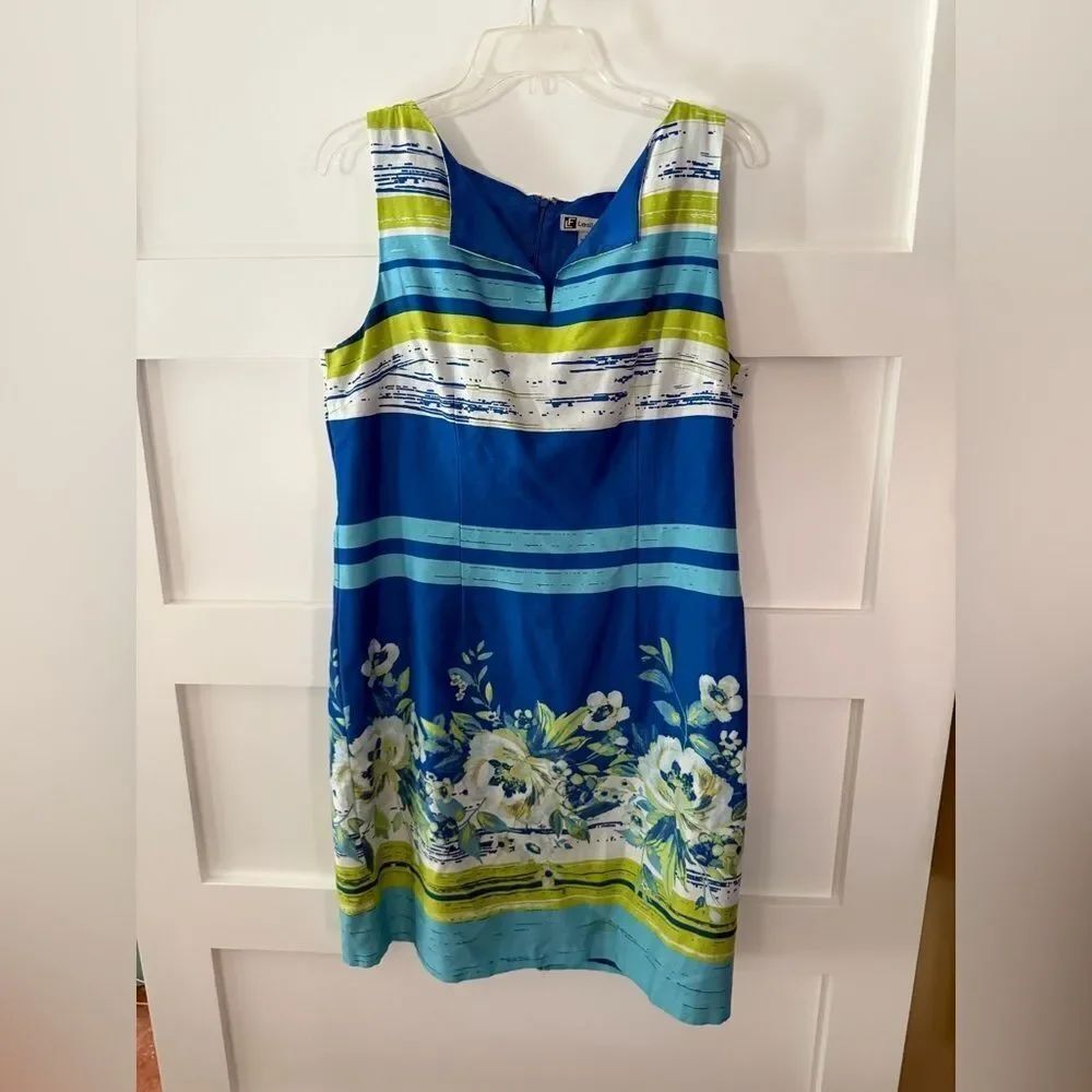 Vintage Leslie Fay Floral Blue Sleeveless Dress size 14
